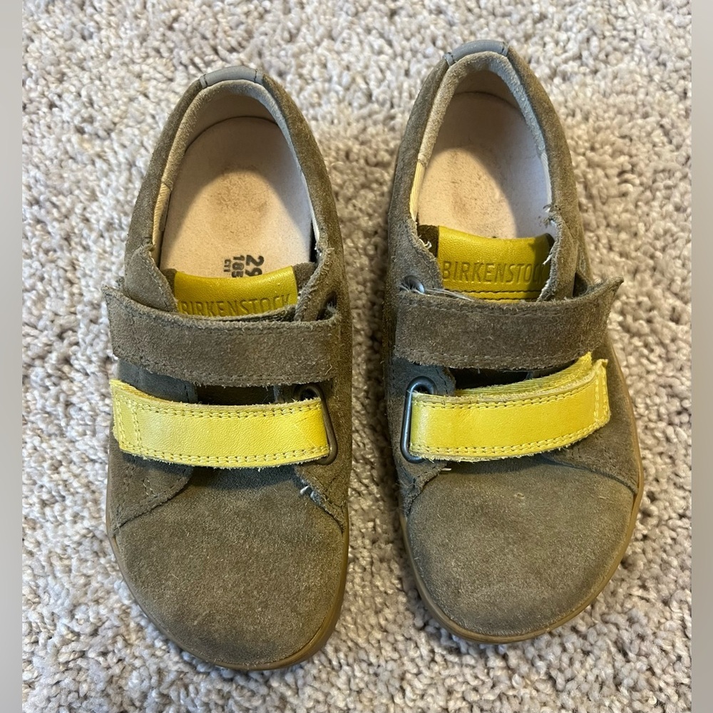 Birkenstock Kids Olive Suede Sneakers with Yellow Straps